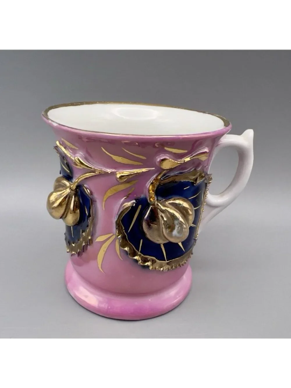 Antique German Shaving Mug Pink Lusterware 3D Fruit Gold Souvenir Ithaca NY